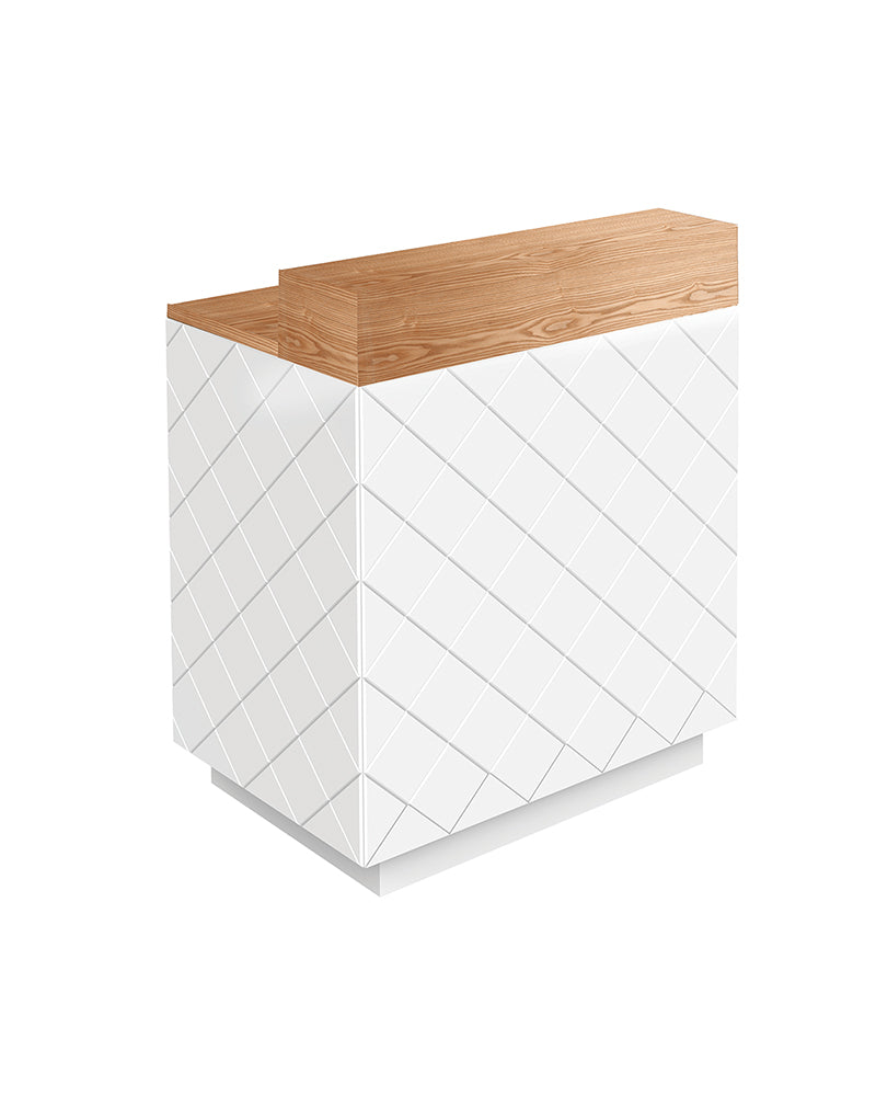 Willow - Biała lada recepcyjna z blatem z jesionu - pojemne szafki