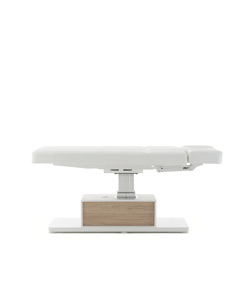 The Ben - White massage treatment table with oak pattern details - with motor - with adjustable armrests
