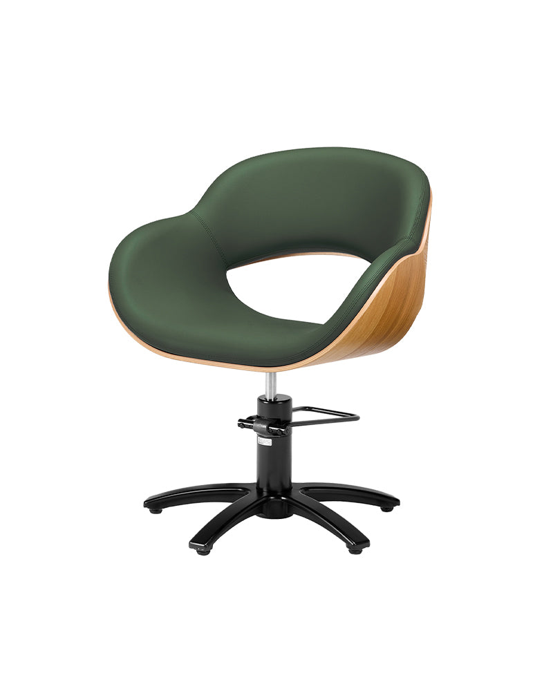 Thea Wood - Green hairdressing chair in wood with black cross base