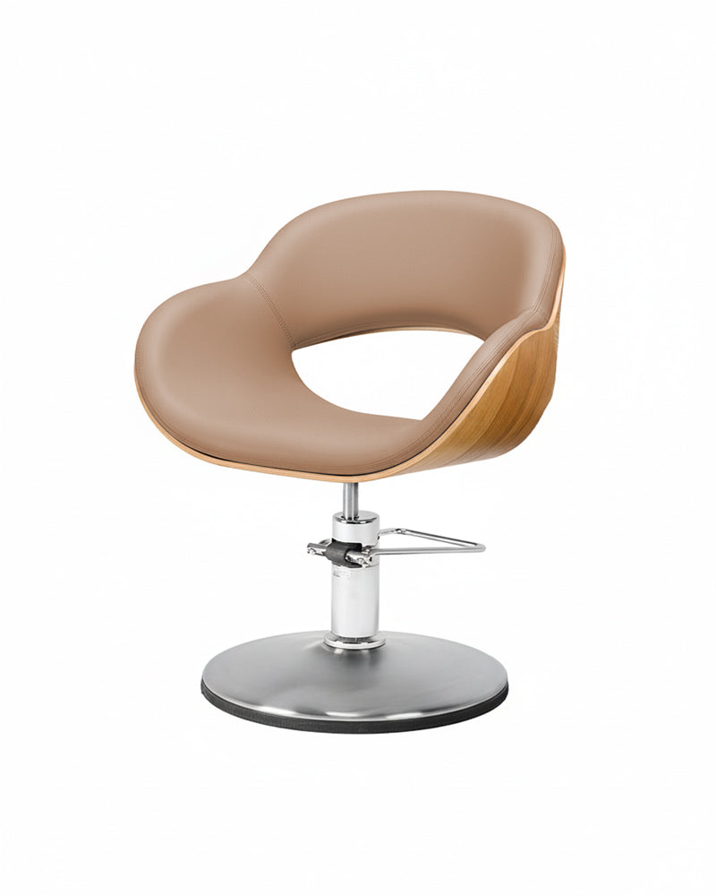 Thea Wood - Beżowe krzesło fryzjerskie z drewna z chromowaną podstawą płaską