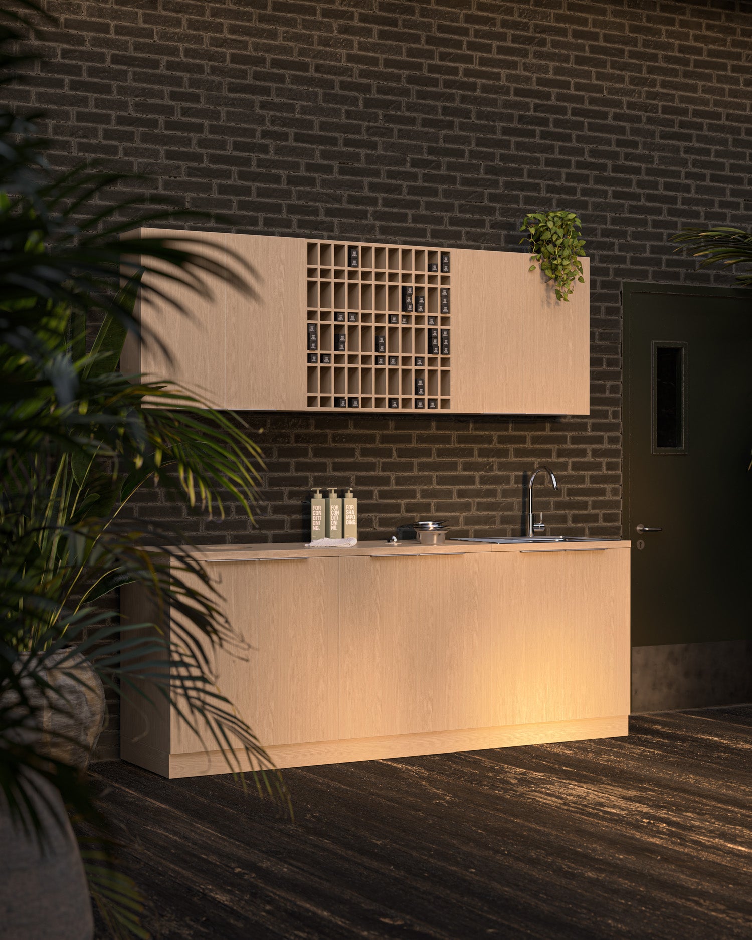 Colorbar hand wash - Washing cabinet in oak pattern - Chrome sink