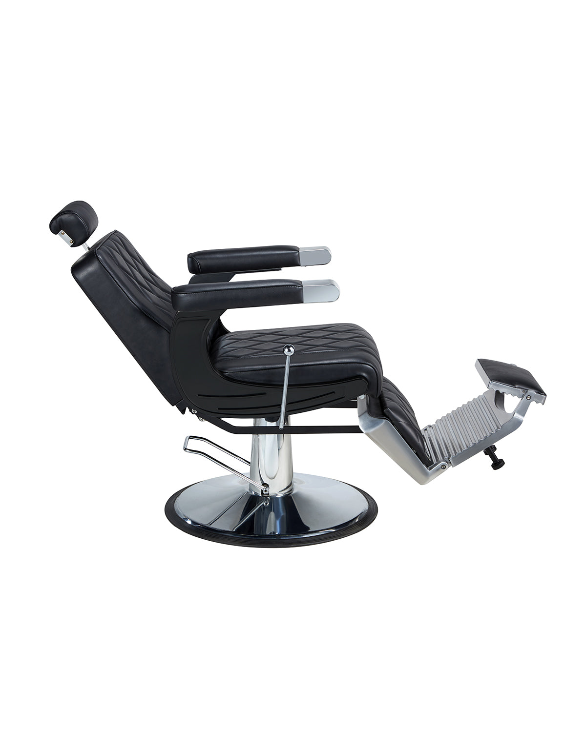 Dave - Czarny fotel barberski z chromowaną podstawą płaską