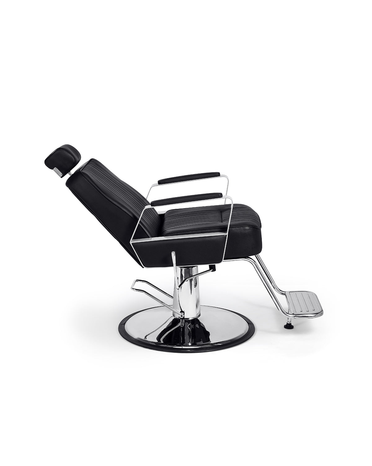 Joey - Czarny fotel barberski z chromowaną podstawą płaską