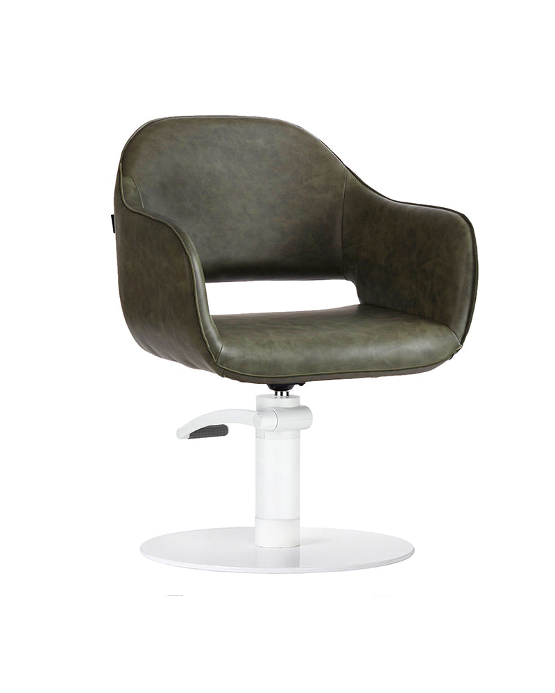 Meadow Sage - Zielony fotel fryzjerski z białą podstawą płaską