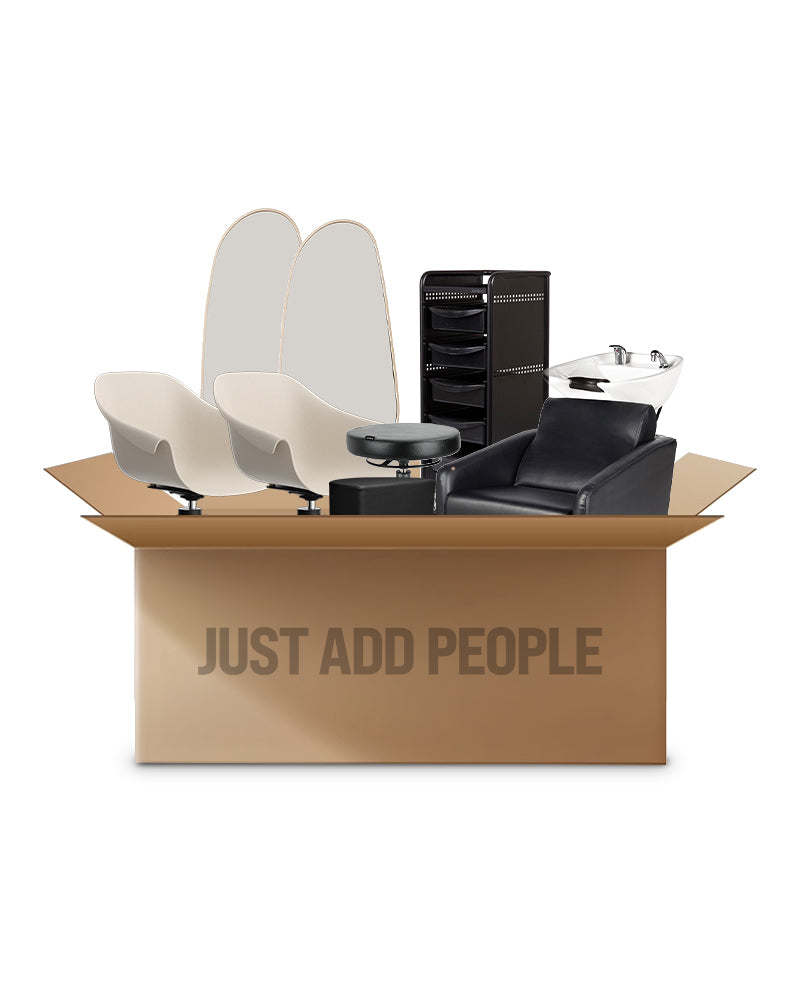 Beige hairdresser starter kit - with 2 styling stations, 1 washing station, and equipment