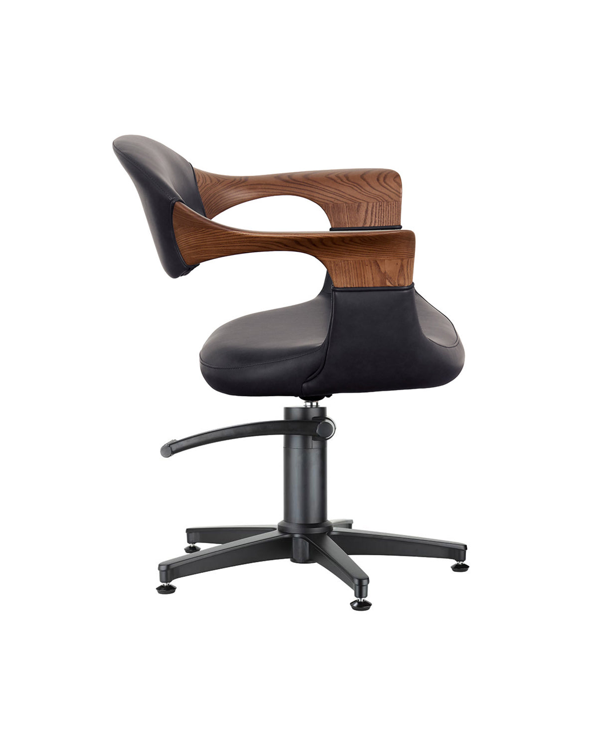 Oakley Midnight - Szary fotel fryzjerski z czarną podstawą gwiazdową i podłokietnikami z dębu