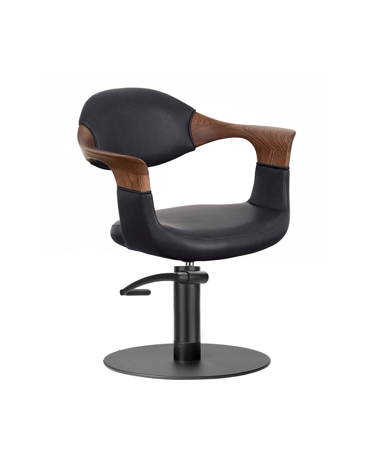 Oakley Midnight - Szary fotel fryzjerski z czarną podstawą płaską i podłokietnikami z dębu