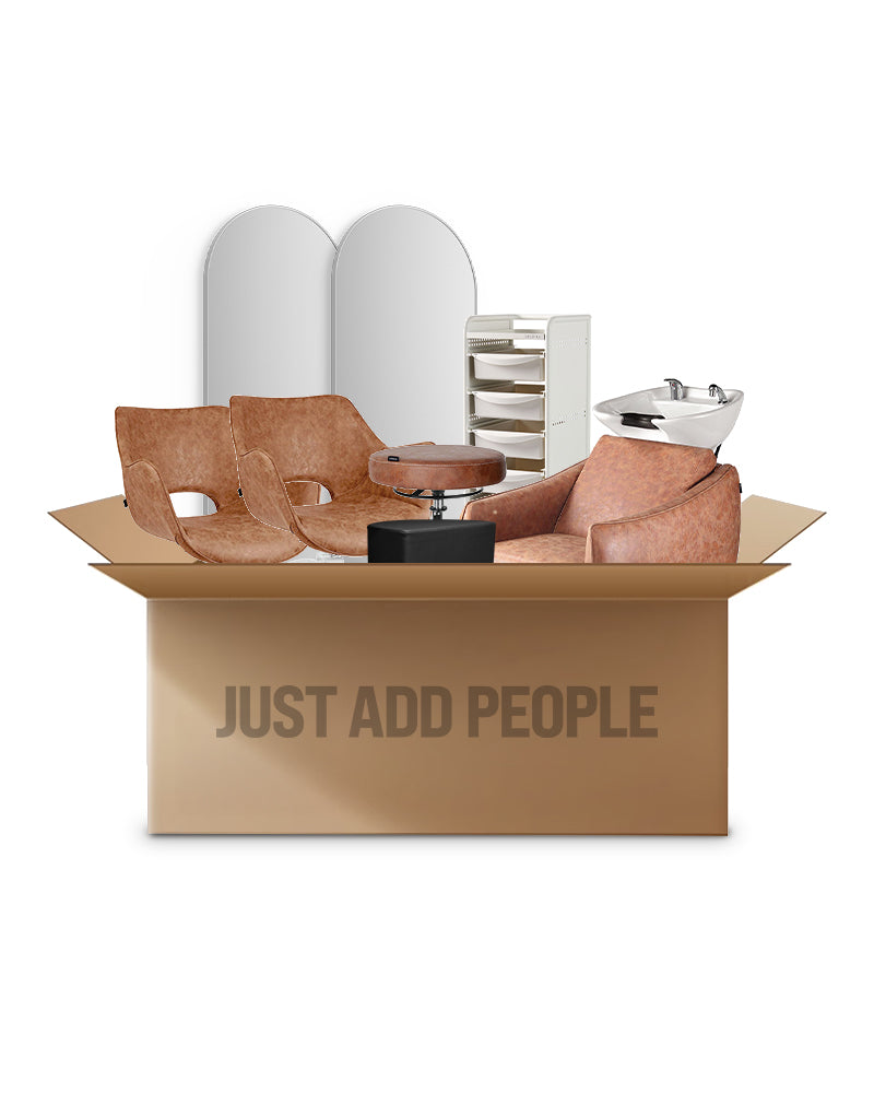 Tan white hairdresser starter kit - with 2 styling stations, 1 washing station, and equipment